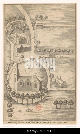 Gezicht op de Kerk van Eik en Duinen, 1556 t Afbeelding van de Kerk van Eikenduinen in den Jaare 1556 (titel op object) Blick auf die Oak Kirche und die Dünen, ein ehemaliger Weiler, der sich in den Dünen zwischen Loosduinen und den Haag befindet, Aus der Luft gesehen war die Kirche im Jahre 1556. Hersteller 1580: Druckmaschine : anonymer Verleger: Reinier Boitet (möglich) Verleger: Adrianus Douci Pietersz (möglich) Ort Herstellung: Verlag: Delft Herausgeber: Amsterdam Datum: 1730 - 1736 Material: Papiertechnik: Radierung / Engra (Druckverfahren) Abmessungen: Blatt: H 288 mm (obere Innenplatte e Stockfoto