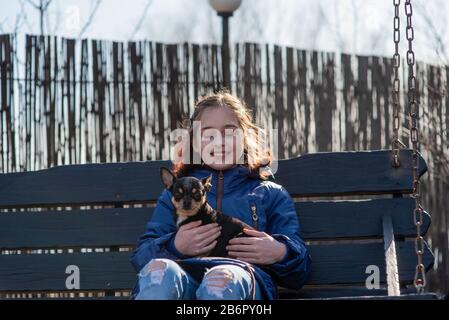 Kleines Mädchen mit einem chihuahua-welpen bei Sonnenuntergang. Ein Welpe in den Händen eines Mädchens. Mädchen, die chihuahua halten. Mädchen mit ihrem Haustier Stockfoto