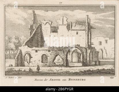 Gezicht op de ruïne van de 1574 verwoeste abdij van Rijnsburg in de situatie omstreeks 1630. Hersteller : Hersteller: Abraham Rademaker (vermeld op object)Plaats Herstellung: Amsterdam dating: 1725 - 1803 Material: Papier Techniek: Etsen / graveren (Drukproceduré) Abmessungen: Zopfband: H 81 mmblad: B 110 mm (rechts binnen Zopflaatrand afgesneden)ToelichtingPuok, Abraham Rademaker: Rademaker. Kabinett van Nederlandsche outheden en gezelten: Vervat in 300 Konstplaaten (…). 2 delen. Amsterdam: Willem Barents, 1725, dl. 1, krank. 77. Na 1725 ist in verschillerndem heruitgaven ver Stockfoto