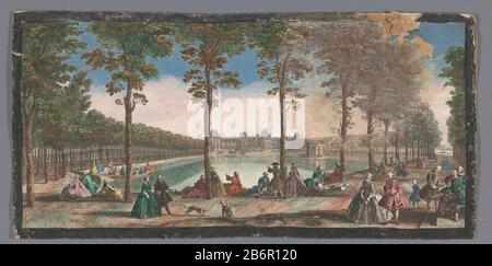 Gezicht op de vijver van de tuin van het Palais de FontainebleauVeüe de l'etang de Fontainebleau et de la Cour des Fontaines dans l'eloignement (titel op object) Objekttyp : prenant opticaprent Objectnummer: RP-P-1980-444 Hersteller : Uitkenmoken: Jacques plajs (1700) Herstellung: Physical plajs: Pissijs: Pissijs: Pissijs: 1790-444 Hersteller: Pissijs: Jacques Ingekleurde ets geplact op karton Material: Papier karton waterverf Techniek: Etsen / penseel Abmessungen: Blad: H 228 mm (afgesneden) × b 465 mm (afgesneden) Betreff: Palacegardengarden Teich Stockfoto