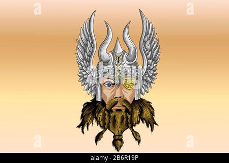 Farbabbildung eines wikingers mit einem Helm mit Flügeln und einem goldenen Glied über dem Auge Stockfoto