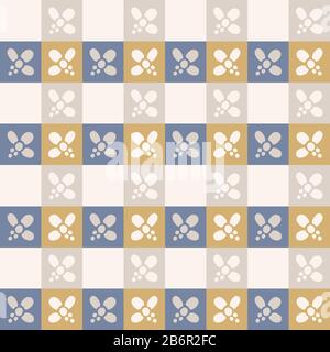 Französischer schäbige, schicke Streifen-Hintergrund in Gänseblümchen. Küchenwäsche in Blaugelb aus weißem, nahtlosem Muster. Handgezeichnetes Blumen-Interieur zu Hause Stock Vektor