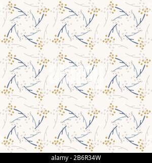 Französischer schäbischer, winziger Vektor-Streifen-Hintergrund. Kräftige Blume in Blau und Gelb aus weißem, nahtlosem Muster. Handgezeichnetes Blumen-Interieur zu Hause Stock Vektor