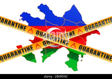 Quarantäne im Konzept von Aserbaidschan. Aserianische Karte mit Tapes mit Warnhindernis, 3D-Rendering isoliert auf weißem Hintergrund Stockfoto