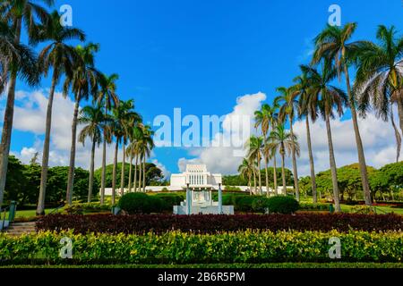 Laie, Oahu, Hawaii - 03. November 2019: Laie Hawaii Tempel auf Oahu. Der Tempel war der erste Tempel, der von der LDS-Kirche außerhalb der zusammenhängenden Uni erbaut wurde Stockfoto