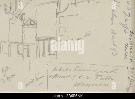 Gezicht op een rij gebouwen, mogelijk aan de Lauriergracht te te Amsterdam Blick auf eine Reihe von Gebäuden, mögliche Lauriergracht Amsterdam Objektart: Skizzenblatt Artikelnummer: RP-T-1924-73-3 Aufschriften / Marken: Anmerkung, handschriftliche 'Drossaard Dusseldorp / v.d Jaght Zeist / Haarlem. Straße 93 / Skizze Lauriergracht / Origin vv Patte / Wassenaar'kleurnotitie handschriftliche Beschreibung: Seite 3 aus einem Skizzenbuch mit 43 bladen. Hersteller : Künstler George Hendrik Breitner Herstellungsort: Amsterdam (möglich) Datum: CA. - ca. [?] Merkmale: Bleistift-Material: Bleistift aus Papier Stockfoto