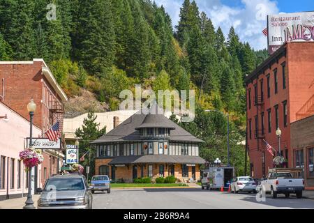 Malerisches Eisenbahnmuseum in der Alten Bergbaustadt von West Wallace, Idaho, in der Gegend um Silver Valley, die eine superfond-stätte ist. Stockfoto