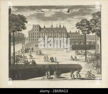 Blick auf den Buitenhof, den Haag, im Hintergrund der Innenhof. Auf dem Buitenhof mehrere Figuren und ruiter. Hersteller: Druckmaschine: Anonym zur Zeichnung von: Gerrit van Gießen (auf Objekt angegeben) Herausgeber: Reinier Boitet (auf Objekt angegeben) Herausgeber: Adrianus Douci Pietersz Grantor von Privileg: Unbekannt (auf Objekt angegeben) Ort Herstellung: Auf Bestellung von: Der Haager Verleger: Delft Herausgeber: Amsterdam Datum: 1730 - 1736 Material: Papiertechnik: Ätzung/Engra-Messungen (Druckverfahren): Plattenkante: H Stockfoto