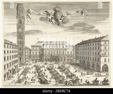 Blick auf die Piazza Palazzo di Città (Piazza delle Erbe) mit dem Rathaus von Turin. Auf dem Platz stehen Stände. In der Luft drei Putten, die eine heraldische Waffe tragen. Auf beiden Seiten Bänder mit Titel. Hersteller: Druckmaschine: Romeyn de Hooghe (zugeschrieben) eigenes Design: Romeyn de Hooghe (zugeschrieben) Ort Herstellung: Niederlande Datum: 1681 - 1682 Physikalische Merkmale: Ätzmaterial: Papiertechnik: Ätzmaße: Plattenkante: H 485 mm × W 610 mmToelichtingillustratie in: Theatrum Statuum Regiae Celsitudinis Sabaudiae Ducis, Amsterdam (Inherit Joan Blaeu) 1682. Betrifft: Marktplatz, PLA Stockfoto