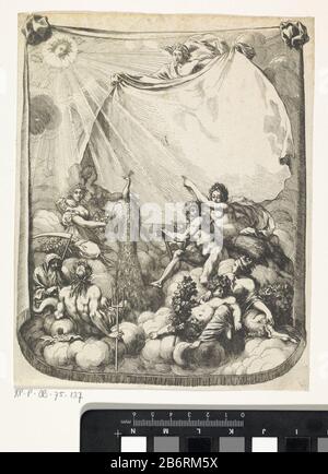 "Goden bijeen op de Olympus Versillede goden zitten bij elkaar op de wolken van de Olympus en kijken naar het kleed dat door Mercurius wordt opgehouden." Juno zit traf Haar pauw en legt haar Hand om de nek van Flora. Ceres, met bundel korenaren, wijst de god Mars op het kleed dat Mercurius ophoudt. Rechts op de voorgrond Cybele, met stedekroon op het hoofd, zittend naast Bacchus. Links op de voorgrond de Dood met zeis zittend naast Neptunus. Aan de hemel de zon met het gezicht van Apollo. Hersteller : Hersteller: Anoniem dating: 1.650 - 1.750 Physische Kenmerken: ETS Material: Papier Techniek: Stockfoto