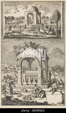 Graf en gedenksteen van Rachel in Bethlehem traf de kindermoord te Bethlehem Zwei Auftritte. Im Obergeschoss eine eigene Liste von Rachels Grab in Bethlehem um das Jahr 1650. Unter der zentralen Idee: Rachels Grab während des Infantizids von Bethlehem. Mitten im Grab, umgeben von Müttern mit Kindern, die aus soldaten fliehen. Hersteller : Druckhersteller Jan Luyken zum Zeichnen: Jean de Thevenotuitgever: Willem Goeree (II) Herausgeber: David Goeree Herstellungsort: Amsterdam Datum: 1700 Physikalische Merkmale: Radierung; Proofing Material: Papiertechnik: Ätzmaße: Plattenkante: H 304 mm × W 188 mmToelichtingP Stockfoto
