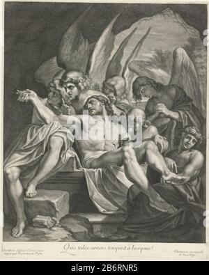 Graflegging van Christus Tür engelen Angels setzte Christus in seinem Grab in einen Felsen. Sein Körper liegt in einer Verkleidung. Engel trauern und zeigen die Stigmata. Am Rand einer Bildunterschrift im Latijn. Hersteller: Druckmaschine: Nicolas Pitau (I) (auf dem Objekt abgebildet) zum Malen von: Ludovico Carracci (auf dem Objekt angegeben) Herstellung: Paris Datum: 1644 - 1671 Physikalische Eigenschaften: Engra-Material: Papiertechnik: Grabung (Druckverfahren) Abmessungen: Plattenkante: H 527 mm × W 418 mm Betreff: Christus-Entombung (möglicherweise von Engeln) Stockfoto