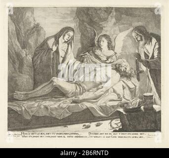 Graflegging van Christus Der Leichnam des toten Christus liegt auf einem Bier. Ein Engel hält die Verkleidung. Maria daneben. Joseph von Arimathea im Licht einer Kerze. Auf dem Boden der Höhle befinden sich die Dornenkrone und die Nägel. Unter den beiden Bijbelverzen. Hersteller : Druckerhersteller Guillaume Duvivier (17. Jahrhundert) (denkmalgeschütztes Gebäude), entworfen von Antoine van den Heuvel (denkmalgeschütztes Eigentum) Ort Herstellung: Südniederland Datum: CA. 1660 - ca. 1670 Physikalische Merkmale: Ätzmaterial: Papiertechnik: Ätzmaße: Plattenkante: H 262 mm × W 310 mm Betreff: Kauf oder Salve, Gewürze und Stockfoto
