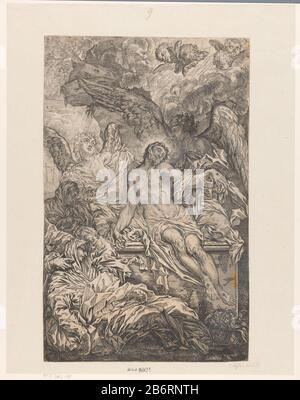Gralegging van Christus Het dode lichaam van Christus, liggende op een graftombe, ondersteund door engelen. Rechtsboven cherubijnen in de wolken. Hersteller: Hersteller: Anoniemnaar tekening van: AGO. Rossi (vermeld op object)naar ontwerp van: Giuseppe Nicola Nasini (vermeld op object)Plaats Herstellen: Italië dating: In of na 1667 Physical kenmerken: ETS Material: Papier Techniek: Etsen Abmessungen: Blad: H 468 mm (binnen plaatrand afgesneden) × b 298 mm (binnen plaatral und en) Subjekt: Christusentombung (möglicherweise von Engeln)Cherubs, also Kinderköpfe mit Flügeln Stockfoto