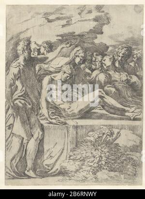 Graflegging van Christus Grabung Christi Eigenschaft Typ: Bild Artikelnummer: RP-P-ob-12.228Katalogogusreferentie: Bartsch 5 Aufschriften / Marken: Sammlermarke, darunter links, gestempelt: Lugt 240 Hersteller: Druckmaschine: Parmigianinonaar eigenes Design: Parmigianinplaats Herstellung: Italien Datum: 1503 - 1540 Merkmale: Physische Materialien: A Ätzung/Engras (Druckverfahren) Abmessungen: Blatt: H 314 mm × W 239 mm Betreff: Christusverschmelzung (möglicherweise von Engeln) Stockfoto