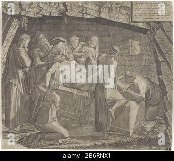 Graflegging van Christus Der verstorbene Christus von vier Frauen und drei Männern legte einen Sarkophag auf. Am Fuß des Sarcogaafs ein Salbenbecher. In der rechten oberen Zevenregelige Text in Latijn. Hersteller: Druckmaschine: Lambertus SuaviusPlaats Herstellung: Südniederland Datum: 1548 Physische Merkmale: Fahrzeugmaterial: Papiertechnik: Engra (Druckverfahren) Abmessungen: Blatt: H 176 mm × W 204 mm Betreff: Christi Einordnung (möglicherweise von Engeln) Stockfoto