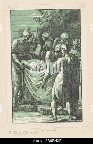 Graflegging van Christus in seiner Grablegierung. Hersteller : Druckerhersteller Anton Maria i Zanetti (unter Denkmalschutz) zu entwerfen: Parmigianinoplats Herstellung: Italien Datum: 1725 Physische Merkmale: Chiaroscuro Holzschnitt in schwarz und grün; bedruckter Holzschnitt und Holztonblock Material: Papiertechnik: Chiaroscuro-Holzschnitt Abmessungen: Blatt: H 189 mm × W 117 mm Betreff: Die Einordnung Christi (möglicherweise von Engeln) Stockfoto