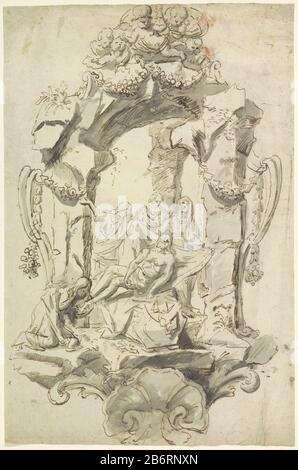 Graflegging van Christus Die Grablegung Christi in Ruinen mit Rocailleornamenten und Girlanden. Oben auf dem Ruin sitzenden Putti sehen sie Zehenbereich aus. Hersteller: Künstler: Anonym Datum: 1600 - 1800 Physikalische Merkmale: Pinsel in Grau, Bleistift und Stift in braunem Material: Papierbleistifttechnologie: Stift-/Bürstenabmessungen: Blatt: H 383 mm × W 251 mm Betreff: Christi Entombung (möglicherweise von Engeln) Stockfoto