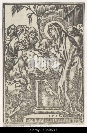 Graflegging van Christus Drei Männer heben den Leichnam Christi an ihn, um einen Steinsarkophag zu legen. Auf der rechten Seite ist eine Grie Maria. Hersteller : Druckerhersteller Jan Christoffel Jegher (denkmalgeschütztes Gebäude), entworfen von Antoine Sallaert (denkmalgeschütztes Gebäude) Verleger Cornelis Li Place Herstellung: Antwerpen Datum: 1649 Physische Merkmale: Holzschnitt und Textdruck auf der Veranda Material: Papiertechnik: Holzschnitt / Briefpapier Abmessungen: Oben: 88 mm × h 60 b mmToelichtingMiete von: Andries, Judocus. Perpetua Crux sive passio Jesu Christi. Antwerpen: Cornelis Woons, 1649. Betrifft: Die Einordnung Christi (möglicherweise mit einer Gange Stockfoto