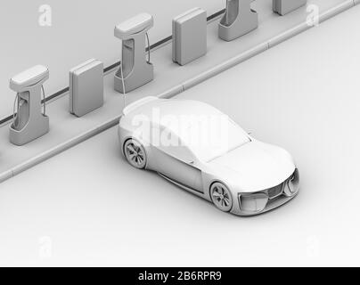 Tonwiedergabe eines elektrischen Sportwagens, der an der öffentlichen Ladestation aufgeladen wird. 3D-Rendering-Bild. Stockfoto