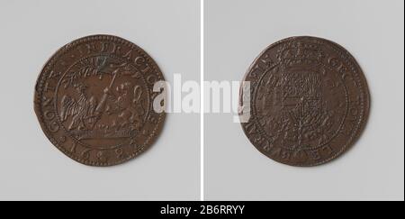 Groeiend verzet tegen de Franse inbreuk op de vrede van Nijmegen, rekenpenning geslagen op last van de raad van Financien Koperen penning. Voorzijde: Adelaar en leeuw houden gezamelijk lans vast, terwijl Hand uit wolken olijftak boven adelaar houdt binns omschrift. Keerzijde: Gekroond wapenschild, omhangen met de orde van het den Vlies binnen omschrift. Hersteller : AnoniemPlaats Herstellung: Brussel dating: 1682 Physische Kenmerken: Koper Material: Koper Techniek: Slaan Abmessungen: D 3,2 cm. × g 6,31 g Betreff: Guerre de HollandeVerbreking van de vrede van NijmegenWanneer: 1682 - 1682 Stockfoto