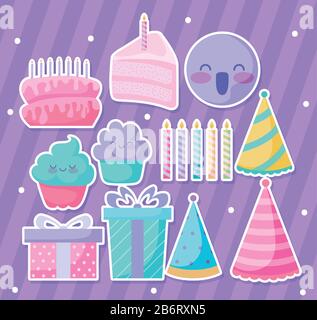 Süßes Geburtstagssymbol mit violettem Hintergrund, farbenfrohem Design und Vektorgrafiken Stock Vektor