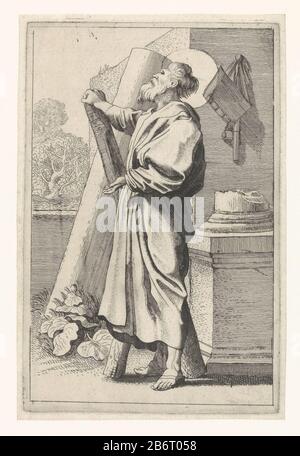 H Andreas heiliger Adreas, mit seinem Kreuz hinter ihm, auf einer gebrochenen Säule stehend, auf den hemel hinaufblickend. Hersteller : Druckhersteller Jan van de Velde (II) für Design: Willem Pietersz. BuytewechPlaats Herstellung: Nordholländer Datum: 1603 - 1641 Physikalische Merkmale: Ätzung und Engras; Proofing Material: Papiertechnik: Ätzung / Engras (Druckverfahren) Abmessungen: Plattenkante: H 184 mm × W 121 mm Betreff: Der Apostel Andreas; mögliche Attribute: Buch, X-förmiges Kreuz, Fisch, Fischnetz, Seil, Schriftrolle Stockfoto
