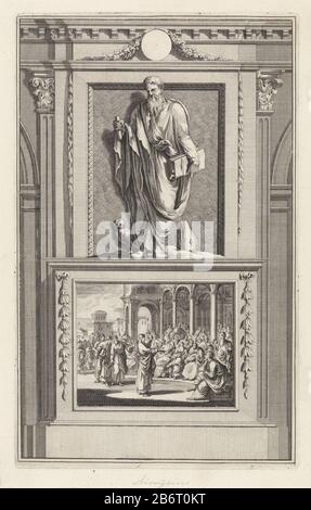 H Dionysios de Areopagiet Der heilige Dionysios der Areopagite ist ein Buch und ein Stab in den Händen. Zu seinen Füßen eine Eule und ein Bischofsmitter. Dionysios steht auf einem Sockel, Auf Dem: Vor seiner Bekehrung zum Christentum im Bild gebracht ist. Hersteller : Druckerhersteller Jan Luyken Druckautor: Zacharias Chatelain (II) zum Zeichnen: Jan Goeree Ort Herstellung: Amsterdam Datum: 1698 Physikalische Merkmale: Ätzung und Engraa; Proofing Material: Papiertechnik: Ätzung / Engras (Druckverfahren) Maße: Plattenkante: H 276 mm × W 173 mmToelichProbedruck Abbildung von: Cave, William. Ap Stockfoto