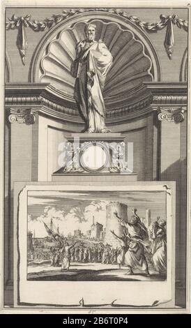 H Epiphanius van Salamis, Kerkvader Der heilige Kirchenvater Epiphanius von Salamis, steht auf einem Sockel. Auf der Vorderseite eine Szene, In Der: In den Körper des verstorbenen Epiphanius nach Constantinopel zurückgebracht wird. Hersteller : Druckerhersteller Jan Luyken Druckautor: Zacharias Chatelain (II) zum Zeichnen: Jan Goeree Herstellung: Amsterdam Datum: 1698 Physikalische Merkmale: Ätzung und Engraa; Proofing Material: Papiertechnik: Ätzung / Engras (Druckverfahren) Maße: Plattenkante: H 270 mm × W 166 mmToelichProbedruck Abbildung von: Cave, William. Apostolische Antiquitäten oder Leben (...) von heyligen Stockfoto