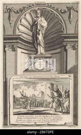 H Epiphanius van Salamis, Kerkvader Epiphanius, Bisschop van Salamis, in Cypren, Werd aldaar, van Constantinopelen dood te rug gebracht (titel op object) Der heilige Kirchenvater Epiphanius von Salamis, der auf einem Sockel steht. Auf der Vorderseite eine Szene, In Der: Im Körper des verstorbenen Epiphanius nach Constantinopel zurückgebracht wird. Beschriftet Druck-Oberzentrum: III Teilseite: 531. Hersteller : Druckerhersteller Jan Luyken (denkmalgeschütztes Gebäude) Druckerhersteller: Zacharias Chatelain (II) (denkmalgeschütztes Gebäude) in Zeichnung: Jan Goeree (Listed Property) Autor: François Halma (Listed Object) Herausgeber: François Halma Place Manufacturing: Stockfoto