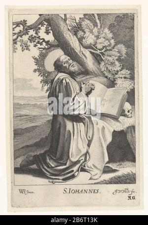 H Johannes Heiliger Johannes, kniet mit gefalteten Händen in einer Landschaft, für ihn ein offenes Buch, das auf einem schedel ruht. Hersteller: Der von Willem Pietersz entworfene Druckerhersteller Jan von Velde (II) (unter Denkmalschutz stehendes Gebäude). Buytewech (Listed Property) Ort Herstellung: Nordholland Datum: 1603 - 1641 Physikalische Merkmale: Radierung und Engra-Material: Papiertechnik: Radierung / Engra-Abmessungen: Plattenkante: H 194 mm × W 125 mm Betreff: Der Apostel Johannes der Evangelist; mögliche Attribute: Buch, Kessel, Kelch mit Schlange, Adler, Palme, Schriftrolle Stockfoto