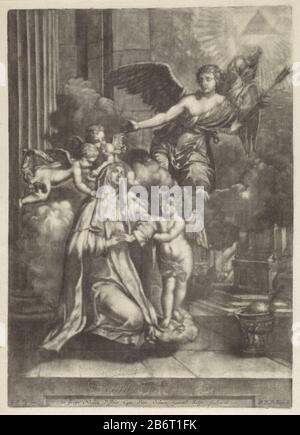 Die heilige Teresa von Avila, die Gründerin des Orden der Unbeschuhten Karmeliten, mit den Händen, die im Gebet geklemmt waren. Sie ist in die Gewohnheit der Karmeliter gekleidet und von Putten umgeben. Links ist ein Engel zu sehen, der einen Pfeil auf die betende Theresa gerichtet hat. In der Luft über dem Engel leuchtet ein Dreieck, das Symbol des Gottes Vader. Hersteller : Druckerhersteller Pieter van den Berge (unter Denkmalschutz) zum Gemälde von Gerard de Lairesse (unter Denkmalschutz stehendes Gebäude) Herausgeber: Nicolaes Visscher (I) (auf dem Objekt aufgeführt) Ort Herstellung: Amsterdam Datum: 1675 - 1737 Physische Merkmale: Mezzotint- und Engra-Material: Papiertechnik: Stockfoto