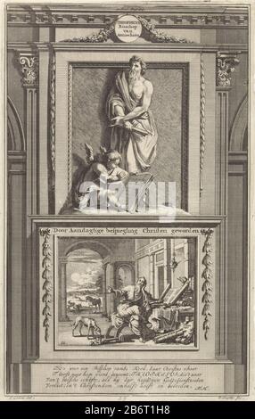 Der heilige Apologet Theophilus von Antiochia mit einem aufgerollten Papier in den Händen. Zu seinen Füßen studiert ein Engelbuch. Theophilus steht auf einem Sockel, Auf Dem sich: Vorne werden christliche Schriften enthüllt. Drucken Sie oben Mitte markiert: II. Teil. Pag: 214. Hersteller : Druckerhersteller Jan Luyken (denkmalgeschütztes Gebäude) Druckerhersteller: Zacharias Chatelain (II) (denkmalgeschütztes Gebäude) in Zeichnung: Jan Goeree (denkmalgeschütztes Eigentum) Autor: François Halma (denkmalgeschütztes Gebäude) Herausgeber: François halma Herstellung: Amsterdam Datum: 1698 Physikalische Merkmale: Ätzung und Engra-Material: Papiertechnik: Ätzung/Engra-Material ( Stockfoto