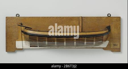 Halfmodel van een poon Gepolychromeerd mallenmodel (stuurboord) van een eenmaster. De huid boven het barkhout is gesloten. Rond achterschip; Breed roer traf auf versierde roerkop en helmstok over het dek. De zeeg loopt op naar beide uiteinden, één barkhout. Rondspant. Hersteller : Modellhersteller: AnoniemPlaats Herstellung: Nederland dating: CA. 880 - ca. Physikalische Kenmerken von 1820: Hout Material: Hout Techniek: Polychromie Abmessungen: H 22 cm. × b 65,4 cm. × d 9,2 cm. Stockfoto