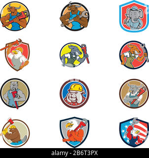 Set Collection of Cartoon Character Mascot Illustration of animal trademan Industrial Workers like Bullen, Elephant, american Eagle, dog, Bulldog, cow, Stock Vektor