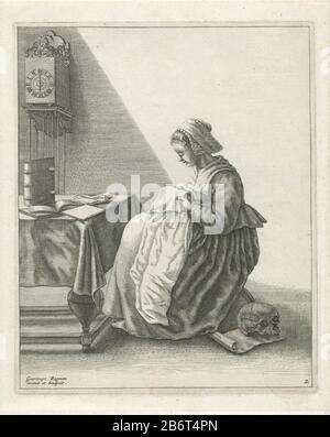 Handwerkskende vrouw Huiselijke werkzaamheden (serietitel) EINE junge Frau befindet sich in einem Raum an einem Tisch, wo: Ein paar Bücher, und ist damit beschäftigt, einen Kragen oder eine Mütze zu falten. Sie ist nach dem Zivilmodus von Ca gekleidet. 1640 und trägt eine Kappe auf dem Kopf. An der Wand hängt eine Uhr. Auf dem Boden hinter ihrem Stuhl befindet sich ein Schädel auf einer Papierrolle. Der Druck ist Teil einer Serie von fünf Drucken mit heimischen Werkzaamheden. Hersteller: Druckmaschine: Geertruydt Roghman (denkmalgeschütztes Gebäude) Verlag Claes Jansz. Visscher (II) (möglich) Herstellung: Amsterdam Datum: 1648 - 1.650 Physische Merkmale: Fahrzeugmaterial: Papier Stockfoto