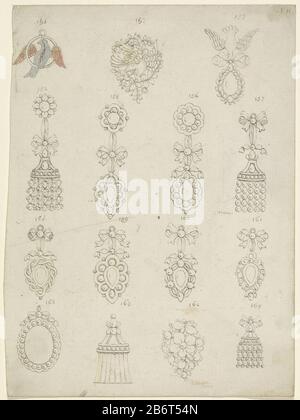 Bügel, Die fünfzehn Anhänger in verschiedenen Formen mit Vögeln, Blumenmotiven, Bogen und Perlen entwerfen, die Nummern 151 bis 165. Hersteller: Künstler: Anonymer Ort Herstellung: Frankreich (möglich) Datum: CA. 1.750 - ca. 2.880 Physische Merkmale: Stift in Grau und Braun, Bürste in grauem und blauem und rotem Kreidematerial: Kreidetechnik für Papiertinte: Stift-/Pinselabmessungen: Blatt: 266 mm × h 198 b mmToelichtingOnderdeel einer Serie von Zeichnungen: RP-T-1965-2 t/m 8. Betrifft: Anhänger, Trinket, "Breloque" Stockfoto