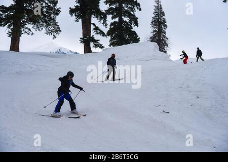 Baramulla, Indien. März 2020. Skifahrer, die an einem sonnigen Tag im Gulmarg in Aktion sind. Das Gulmarg Resort ist ein großer Skihügel, der mit einer Gondel bedient wird. Die Skisaison beginnt direkt nach Weihnachten und dauert je nach Schneeverhältnissen bis Ende März. In dieser Zeit verwandelt sich die verschlafene Stadt in einen Karneval von Skifahrern aus Russland, Australien, Neuseeland, Europa und den USA. Credit: Sopa Images Limited/Alamy Live News Stockfoto