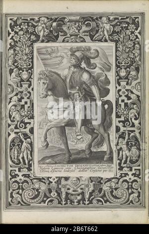Hector van Troye Hector Troianus (titel op object) Negen besten (serietitel) Hector of Troy, ein berühmter General der Antike, reiten mit einer Fahne in der Hand auf dem Schlachtfeld. Er ist Teil der Neun. Im Rahmen des Aufführungsvertrages in lateinischer Sprache. Die Vorstellung wird in einem Rahmen mit wirbelnden Verzierungen und verschiedenen Tieren wie einer in der Wartezeit liegenden Katze auf eine Maus, Affen und Kaninchen Gehalten, Wo: Zwei Jungen jagen. Dieser Druck ist Teil eines Albums. Hersteller: Druckmaschine: Nicolaes de Bruyn (denkmalgeschütztes Gebäude) Herausgeber: Assuerus von Londerseel (denkmalgeschütztes Eigentum) zugewiesen an: Huberto Camoccio (denkmalgeschütztes Gebäude) c Stockfoto