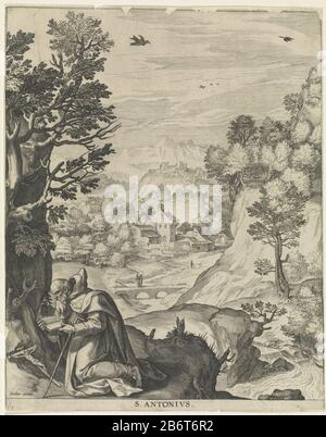 Heiliger Antonio in de wildernis der heilige Anthony der Große in einer Berglandschaft. Er sitzt vor einem Kruzifix und einer Bibelvorlesung. Im Hintergrund ein hoeve. Hersteller : Verleger: Johann Sadeler (I) (denkmalgeschütztes Gebäude) Verleger: Ägidius Sadeler (denkmalgeschütztes Gebäude) Druckereifachmann: Anonymous Datum: 1580 - 1600 Körperliche Merkmale: Fahrzeugmaterial: Papiertechnik: Engra (Druckverfahren) Abmessungen: Blatt : h 264 mm × W 208 mm Betreff: Nicht-wundersame Aktivitäten und Veranstaltungen  St. Antony Abbot Mountain Stockfoto