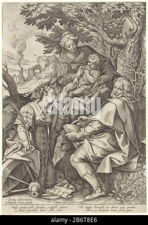 Maria sitzt mit dem Christuskind auf dem Schoß unter einem Baum. Sie schenkt dem Kind eine Frucht. Joseph sitzt neben ihnen und betrachtet den Betrachter. Die heilige Katharina von Alexandrien kniet vor Christus in Anbetung und küstennah an den Füßen. Im Hintergrund eine Hügellandschaft. Am Rand eine vierzeilige Unterschrift, in zwei Spalten, in Latijn. Hersteller: Druckmaschine: Jerome Who: Rix (denkmalgeschütztes Eigentum) entworfen von: Denys Calvaert (denkmalgeschütztes Gebäude) Herausgeber: Johannes Baptista Vrints (I) (aufgelistet auf dem Objekt) Herstellung: Antwerpen Datum: 1563 - für 1611 Physische Merkmale: Fahrzeugmaterial: Papiertechnik: Engra (Druck Stockfoto