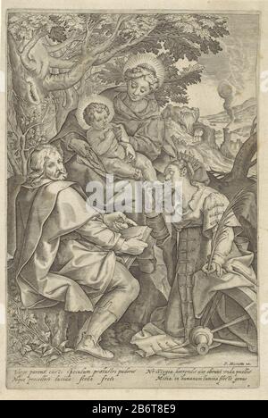 Maria sitzt mit dem Christuskind auf dem Schoß unter einem Baum. Sie schenkt dem Kind eine Frucht. Joseph sitzt neben ihnen und betrachtet den Betrachter. Die heilige Katharina von Alexandrien kniet vor Christus in Anbetung und küstennah an den Füßen. Im Hintergrund eine Hügellandschaft. Am Rand einer vierzeiligen Signatur, in zwei Spalten, im Latijn. Hersteller: Zu drucken von: Hieronymus Who: Rixprentmaker: Anonym zu entwerfen: Denys Calvaertuitgever: Pierre Mariette (I) (auf Objekt abgebildet) Herstellung: Zu drucken von: Antwerpen Herausgeber: Paris Datum: 1611 - 1661 Physische Merkmale: Fahrzeugmaterial: Papiertechnik: E Stockfoto