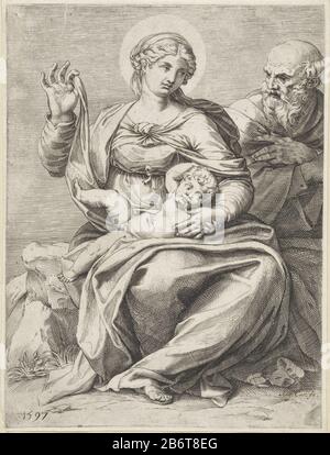 Die Heilige Familie Maria sitzt mit dem Christkind auf dem Schoß. Neben ihr sitzt Jozef. Hersteller : Druckmaschine: Agostino Carracci (börsennotiertes Objekt) Herstellung: Italien Datum: 1597 Abmessungen: Gewicht: Gewicht: Gewicht: × 25 mm Gegenstand: Holy Family, und abgeleitet Stockfoto