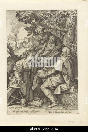 Maria sitzt mit dem Christuskind auf dem Schoß unter einem Baum. Sie schenkt dem Kind eine Frucht. Joseph sitzt neben ihnen und betrachtet den Betrachter. Die heilige Katharina von Alexandrien kniet vor Christus in Anbetung und küstennah an den Füßen. Im Hintergrund eine Hügellandschaft. Am Rand eine vierzeilige Unterschrift, in zwei Spalten, in Latijn. Hersteller: Druckmaschine: Jerome Who: Rix (denkmalgeschütztes Eigentum) entworfen von: Denys Calvaert (denkmalgeschütztes Gebäude) Herausgeber: Johannes Baptista Vrints (I) (aufgelistet auf dem Objekt) Herstellung: Antwerpen Datum: 1563 - für 1611 Physische Merkmale: Fahrzeugmaterial: Papiertechnik: Engra (Printin Stockfoto