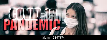 COVID-19 PANDEMIE-CORONAVIRUS-Text zu Reisen Menschen Touristen Bannerhintergrund. Header 2019 Roman Corona Virus aus Wuhan, China. Asian Woman mit chirurgischer Maske Vorbeugung Ernte gehen in Menschenmenge. Stockfoto