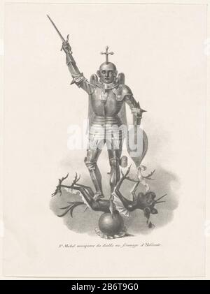 Der Erzengel Michael als Ritter in Rüstung überwindet den Teufel mit dem holländischen Käse. Zur Statue von Martin Van Red im Jahr 1455 auf der Spitze des Rathauses von Brüssel. Anschuldigung des Aufstands in Brüssel 23./26. september 1830. Hersteller: Druckmaschine: Anonym zu sehen: Maarten Roter Ort Herstellung: Belgien Datum: 1830 - 1831 Physische Merkmale: Lithographisches Material: Papiertechnik: Lithographie (Technik) Abmessungen: Blatt: H 294 mm × W 217 mm Betreff: Der Erzengel Michael kämpft gegen den Drachen (Teufel, Satan) Septemberrevolution: 1830-09-23 - 1830-09-26 Stockfoto