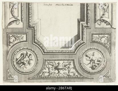 Mit leerem Raum in der Mitte und in den Ecken ein rundes Medaillon mit Cupido. Hersteller: Druckmaschine: Nicolas Pierre Loir (denkmalgeschütztes Gebäude) in seiner Gestaltung: Nicolas Pierre Loiruitgever: Pierre Mariette (II) (denkmalgeschütztes Gebäude) Herstellung: Druckmaschine: Frankreich (möglicherweise) zur eigenen Gestaltung Frankreich (möglich) Herausgeber: Paris Datum: 1634 - 1716 Material: Papiertechnik: Ätzmaße: Blatt: 160 mm × W 225 mm Stockfoto