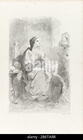 Die Tür von Helene kijkt een venster Helene sitzt auf einem Stuhl und blickt durch ein Fenster. Im Fenster für einen Vogelkäfig und es ist ein häutiger Hund. Illustration einer Szene aus einem Gedichtband namens "Helene". Hersteller : Druckerhersteller Charles Rochussen (Listed Property) Ort Herstellung: Amsterdam Datum: 1854 Physische Merkmale: Mobil-Armbänder Material: Papiertechnik: Mobil lässt Abmessungen: Plattenkante: H 225 mm × W 140 mmToelichtingIllustratie in WJ Hofdijk. Helenes. Amsterdam: Gebr. Kraaij, 1854, S. 92. Betrifft: Dogbird in einem Käfig Erwachsene Frau Stockfoto