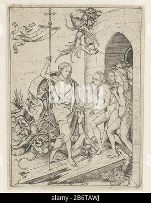 Hellevaart Passieverhaal (serietitel) Christus die Pforten der Hölle öffneten sich. Unter der Tür sind zerschlagene Teufel. Adam und Eva lernten aus der Hölle von Christus, gefolgt von einer Gruppe Mensen. Hersteller : Druckmaschine: Monogrammist AG (15. Jahrhundert) (denkmalgeschütztes Gebäude) Ort Herstellung: Deutschland Datum: 1475 - 1500 Physikalische Merkmale: Fahrzeugmaterial: Papiertechnik: Enna (Druckverfahren) Abmessungen: Plattenkante: H 149 mm × W 111 mm Betreff: Christus lea hell: Er befreit Patriarchen, Propheten, Könige und andere Personen aus der Hölle, darunter Adam, Eva, Moses, David und Johannes der Täufer Stockfoto
