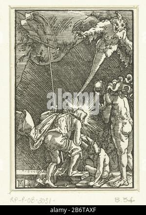 Hellevaart De val en verlossing van de msheid (serietitel) Christus, von hinten gesehen, mit einem Banner in der linken Hand zieht Adam aus der Schwebe. EVA neben ihm. Vierunddreißigtes Bild aus einer Reihe von Veertig. Hersteller : Druckhersteller: Albrecht Altdorfer (auf dem Objekt angegeben) Herstellung: Deutschland Datum: CA. 1506 - 1538 Körperliche Merkmale: Holzblockmaterial: Papiertechnik: Holzblockmaße: Bild: H 72 mm × b 48 mm Subjekt: Christus lea Hölle: Er befreit Patriarchen, Propheten, Könige und andere Personen aus der Hölle, darunter Adam, Eva, Moses, David und Johannes der Täufer Stockfoto